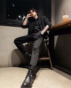 Goth Aesthetic Guy, Witch Outfits Male, Party Fits For Men, Dark Men Outfit, Dark Aesthetic Outfits Boy, Bad Boy Aesthetic Outfits Men, Guys All Black Outfit, Messy Suit, Asian Outfits Men