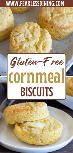 gluten - free cornmeal biscuits on a white plate with text overlay