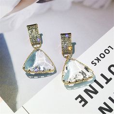 Golden Triangle Crystal Drop Earrings Glass Drop Earrings, Gem Earrings, Stud Style, Glass Gems, Statement Drop Earrings, Triangle Earrings, Trendy Earrings, Crystal Drop Earrings, Crystal Drop