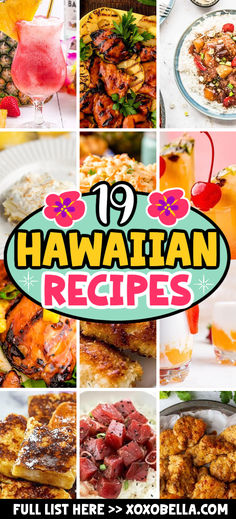 A collage of Hawaiian inspired recipe ideas. Spam Appetizers Hawaii, Tiki Menu Food, Pacific Islander Food Recipes, Hawaiian Luau Recipes, Pacific Island Recipes, Hawaiian Dinner Ideas, Hawaiin Food Ideas For Party, Hawaiian Dishes Recipes, Hawaiian Potluck Dishes