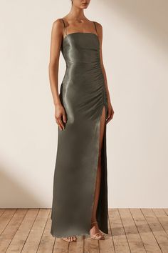 La Lune Ruched Maxi Dress | Olive | Dresses | Shona Joy – Shona Joy International Olive Bridesmaid Dresses, Shona Joy Dress, Silk Bridesmaid Dresses, Bridesmaid Colors, Sage Dress, Ruched Maxi Dress, Olive Dress, Green Gown, Shona Joy