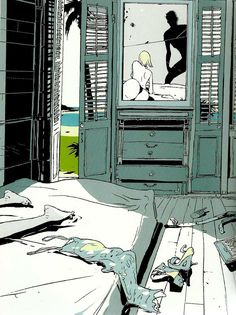 an image of a bedroom scene with a person in the window looking at something on the floor