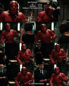 the poster for hellboy is shown in many different poses, including one man with red paint on his face