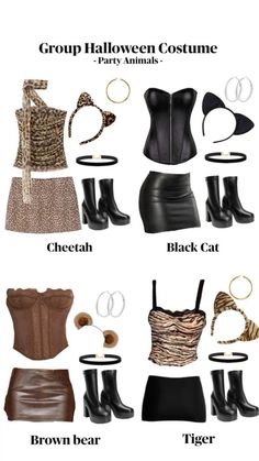 a group of different types of clothes and accessories for halloween costume party animals, cheetah, brown bear, tiger print