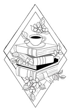 a stack of books with coffee and flowers on them, in the shape of a diamond