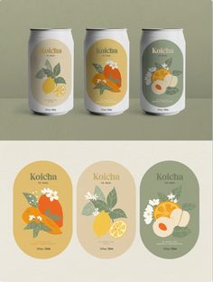 three cans of kotcha are shown with different labels on the front and back