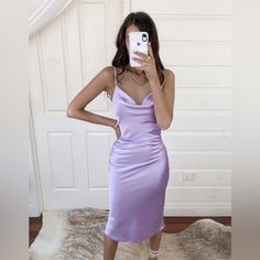 Brand New, Great Condition, Never Worn With Tags On. Satin Material, Cowl Neck Slip Dress Multiple Sizes (Au) Sizes: 6, 10, 14, 16 (2) (Us) Sizes: Xs, M, Xl, 2xl (2) Lavender Silk Dress Casual, Lavender Cowl Neck Dress, Lilac Satin Homecoming Dress, Prom Dresses Midi Length, Purple Lifestyle, Lilac Prom Dresses, Tea Length Prom Dress, Dress Lilac, New Years Dress