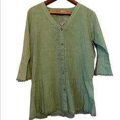 The Royal Standard Brand Portico Peplum Top. Olive Green. 3/4 Length Bell Sleeves. Embroidery Detail On Sleeve Bottoms And Top Bottom. Soft V Neck Button Down Front. Lightweight Material! Nwt Size M Spring Green Cotton Tunic, Green 3/4 Sleeve Shirt For Spring, Green Cotton Top With 3/4 Sleeve, Casual Green Kurta For Spring, Spring Cotton V-neck Tunic, Spring Cotton Tunic With Buttons, Cotton Tunic Blouse With Buttons, Casual V-neck Kurta For Spring, Cotton Kurta With 3/4 Sleeves For Spring