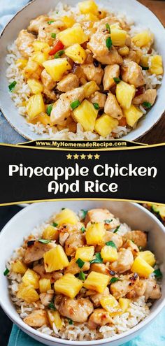 pineapple chicken and rice in a white bowl