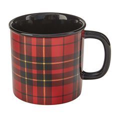 a black and red plaid coffee mug on a white background