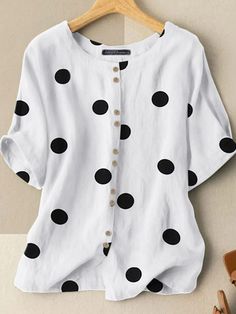 Polka Dot Button Front Lantern Sleeve Blouse Polka Dot Blouse Outfit, Polka Dots Blouse, Cotton Short Tops, Dots Outfit, Polka Dots Outfit, Sewing Tops, Latest Dress Design, Short Sleeve Shirt Women, Polka Dot Shorts