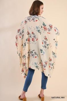 Umgee Oversize kimono with floral roses print, textured fabric, border print accent. Neutral colors. Add to your beach cover up. Runs big. Romantic pretty!Color: Natural Mix Sizes: S/M or M/L Length back 32 sides 41L4/N4091 Flowy Floral Print Cover-up For Day Out, Spring Shawl Kimono With Floral Print, Floral Print Shawl Kimono For Spring, Spring Floral Print Shawl Kimono, Oversized Floral Print Kimono For Beach Cover-up, Spring Floral Print Wrap Cover-up, Spring Floral Wrap Cover-up, Beige Floral Print Beach Kimono, One Size Beige Kimono For Vacation