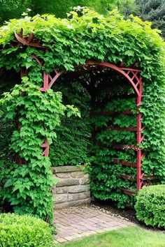 an arch covered with green leaves in the middle of a garden area next to a brick walkway