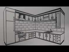 a drawing of a kitchen with cabinets and counters