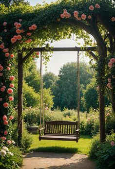 a wooden bench sitting in the middle of a lush green park with roses growing all over it