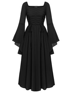 Medieval Formal Dress, Black Dress With Bell Sleeves, Black Cottage Core Dress, Medieval Black Dress, Dark Fantasy Dress, Gothic Dress Elegant, Romantic Goth Dress, Long Sleeve Black Dress, Witch Costumes For Women