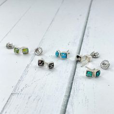 These small, 5mm sterling silver stud earrings are the perfect addition to any jewelry collection. Whether you're going for a casual look or dressing up for an important occasion, these square inlay turquoise, white buffalo or variscite studs will add a pop of color and style to your outfit. Add them to any outfit and take it from 0 to 100% gorgeous in no time flat!Our sterling silver stud earrings are made from the highest quality materials. They're perfect for gifting yourself or someone speci Square Stud Earrings, Square Earrings Studs, Sterling Silver Stud Earrings, Square Stud, White Buffalo, Silver Stud Earrings, Iron Maiden, Sterling Silver Studs, Sterling Silver Earrings Studs