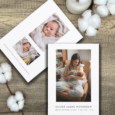 an image of a baby with cotton in front of it and two photos on the table