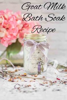 a jar filled with bath soak sitting on top of a table