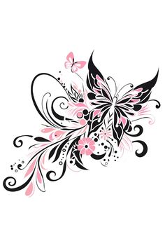 a black and pink flower with swirls on it's side, in the shape of a butterfly