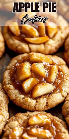 apple pie cookies with caramel on top and text overlay that reads, apples pie cookies