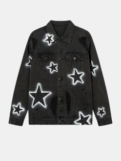 Available as picture shown Denim Jacket Button closure Imported Ships FREE I AM MADE OF Polyester Cotton Star Denim Jacket, Shredded Jeans, Black Baggy Jeans, Jean Jacket Men, Casual Outwear, Retro Jacket, High Street Fashion, Painted Jeans, Patchwork Jacket