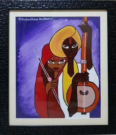 a painting of two women holding musical instruments in front of a purple background with black frame