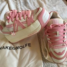 Naked Wolf Slider Platform Sneakers In Pink And White Size 9. Never Worn In Perfect Condition With Tags Still On. Skater Shoes. They Don’t Make Them In Pink Anymore.Comes With Dust Bag Naked Wolfe Sneakers, Naked Wolfe Shoes, Shoes Preppy, White Keds, Naked Wolfe, Trainers Outfit, White Platform Sandals, Zara Sneakers, Fancy Heels