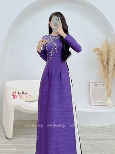 🌻Material: Lụa vân phap 🌻Stretchy level: 2/10 🌻 The measurement of this ao dai (long dress) is in Vietnamese size (American size tends to be bigger for the same size). Please LOOK AT THE SIZE CHART CAREFULLY BEFORE ORDERING. There might have some chalk writings on the fabric due to making process. These marks can be washed away easily. 🌻🌻No returns or exchanges Buyer can contact seller about any issues with an order. 🌸 Follow us Facebook/aodaiemily www.aodaiemily.com 💜 Thank you very much💜 Fitted Long Sleeve Kurta For Evening, Fitted Floor-length Kurta For Spring, Elegant Long Ao Dai For Festive Occasions, Elegant Fitted Ao Dai For Eid, Festive Long Sleeve Ao Dai For Eid, Elegant Long Sleeve Ao Dai For Eid, Traditional Purple Long Sleeve Maxi Dress, Traditional Long Sleeve Purple Maxi Dress, Fitted Floor-length Ao Dai For Festive Occasions