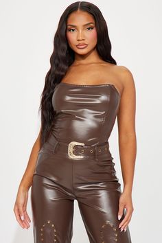 Fitted Faux Leather Jumpsuits And Rompers For Party, Faux Leather Jumpsuits And Rompers For Party, Fitted Faux Leather Jumpsuits And Rompers For Fall, Fitted Faux Leather Jumpsuits For Fall, Brown Jumpsuit For Fall Party, Trendy Brown Jumpsuits And Rompers For Night Out, Trendy Brown Jumpsuit For Night Out, Leather Jumpsuit, Straight Neckline