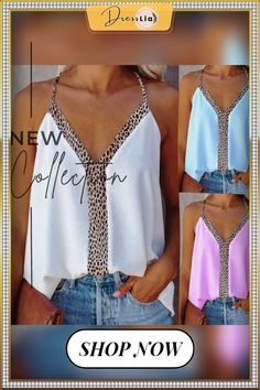 Summer Top Women's Sling Blouses Femme Sexy V Neck Leopard Print Femme Backless Spaghetti Strap Sleeveless Casual Tops Halter Trendy V-neck Beach Camisole, Cheap Flirty V-neck Camisole, Summer Beach V-neck Camisole, Cheap Bohemian V-neck Camisole, Casual Punk, Sleeveless Leopard Print Top With Built-in Bra, Womens Camisoles, Relaxed Outfit, Leopard Print Top