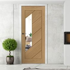 an open door with a potted plant on the floor next to it in front of a white wall