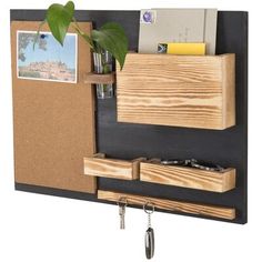 a cork board with two wooden drawers attached to it and a plant in the middle