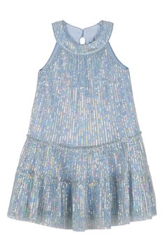 Get your kiddo party ready in this shimmery dress featuring foil dots and a flowy tiered skirt. Back button closure Lined 55% polyester, 45% metallic fibers Hand wash, line dry Imported Spring Festive Metallic Dress, Summer Festive Glitter Dresses, Festive Shimmer Dresses For Summer, Spring Metallic Dress With Ruffles, Shimmery Dress, Fabric Gift Bags, Tier Skirt, Fabric Gifts, Nordstrom Store