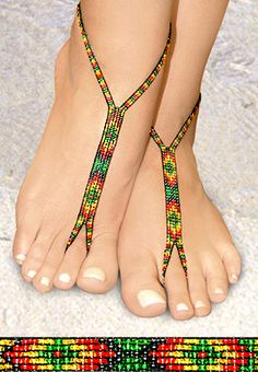 a woman's feet with colorful beads on them