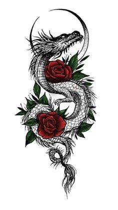 a dragon and rose tattoo design