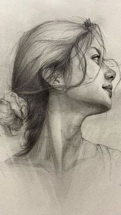 a pencil drawing of a woman's profile with her hair blowing in the wind