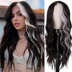 50+ Awesome Black Cherry Hair Color Ideas for 2024 White Wigs, Black And White Wig, Black Kids Hairstyles, Long Black Hair, Middle Part, Long Wavy Hair