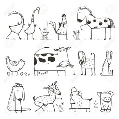 hand drawn farm animals in black and white