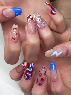 mix and match 4th of July indie nails 4th Of July Nail Inspiration, Crazy Fourth Of July Nails, 4th Of July Nail Designs Blooming Gel, Almond Shape 4th Of July Nails, 4th Of July Nails Funky, Memorial Day Acrylic Nail Designs, Cherry 4th Of July Nails, 4th Of July Firework Nails, Road Trip Nails