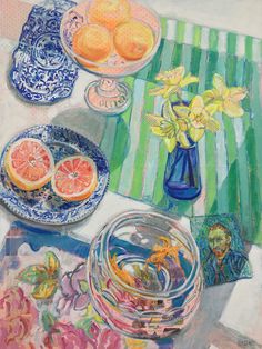 a painting of oranges and other fruit on a table