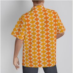 Retro Shirt Men, Retro Top, Mid Century Style Top, 60s 70s style shirt, Vintage Style Top, Yellow Orange Shirt, Hawaiian Shirt, Dress ShirtDesigned in California, Made to order overseasThis mod 60s inspired men's Hawaiian shirt features a striking orange and yellow wavy pattern print, inspired by the bold designs of the vintage 60s and 70s. Made from high-quality wrinkle-resistant polyester fabric, this shirt is perfect for daily wear. With its short-sleeve design and classic collar, it's an ide 70s Inspired Shirt With Retro Print For Summer, Retro Summer Shirt With Collared Neckline, Summer Collared Shirt With Retro Print, 70s Inspired Retro Print Shirt For Summer, Retro Collared Shirt For Summer, Retro Orange Relaxed Fit Shirt, Orange Retro Style Relaxed Fit Shirt, Orange Retro Relaxed Fit Shirt, 70s Inspired Retro Print Summer Shirt