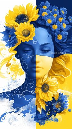 a woman's face with sunflowers on her head and the other half painted in blue and yellow