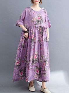 Sku CY-!101976 Material >80%Cotton Style Loose , Half Sleeves Feature Floral Printed , Pleated Neckline Round-neck Occasion Casual , Artistic Retro , Original Creation Seasons Spring , Summer Type Midi Dresses Color PURPLE Size One_size Please consult the size chart we provide for this item's measurements to help you decide which size to buy.Please note: There may be 1-3cm differ due to manual measurement. Bust Hemline One_size 130 132 Pleated Neckline, Purple Midi Dress, Jumpsuit Skirt, Printed Midi Dress, Retro Stil, Midi Dresses, Flared Sleeves, Floral Printed, Cotton Style