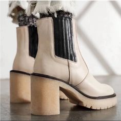 Free People James Chelsea Boots Bone Free People Cream And Black Leather James Chelsea Boots In The Color Bone Chunky Block Heel And Lugged Sole Design W/ Elastic Side Details And A Slim Silhouette Designed W/ Intentionally Distressed Detailing For A Work In Look Hidden Elastic-Gore Insets At Sides Features A Side Zip Closure, Cushioned Insole, And Almond Toe Leather Upper And Lining And Rubber Sole Comes With Original Box In Excellent Condition, Only Worn Twice, No Flaws Or Rips James Chelsea, Platform Heeled Boots, Chelsea Boots Heel, Color Bone, Platform Heels Boots, Free People Shoes, Chunky Block Heels, Leather Chelsea Boots, Platform Heels