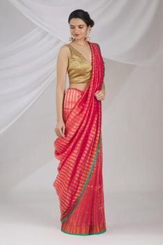 Shop for Pranay Baidya Pink Chanderi Striped Saree for Women Online at Aza Fashions Striped Saree, Saree For Women, Drape Saree, Red Saree, Blouse For Women, Pink Saree, Saree With Blouse, Blouse Online, Printed Sarees