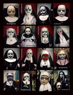 a series of images showing different types of halloween costumes for women and men, with faces painted on them