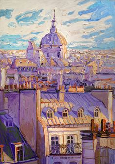 an oil painting of rooftops with buildings in the background