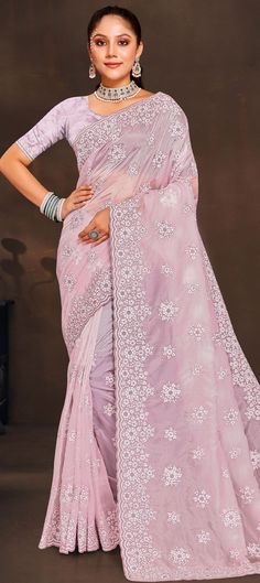 Reception, Traditional Pink and Majenta color Saree in Organza Silk, Silk fabric with South Embroidered, Resham, Thread work : 1908445 Luxury Pink Saree With Gota Work, Contemporary Saree, Purple Weave, Resham Work, Ready To Wear Saree, Embroidered Organza, Guest Attire, Net Saree, Trendy Sarees