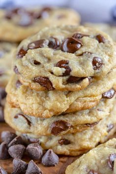 chocolate chip cookies stacked on top of each other